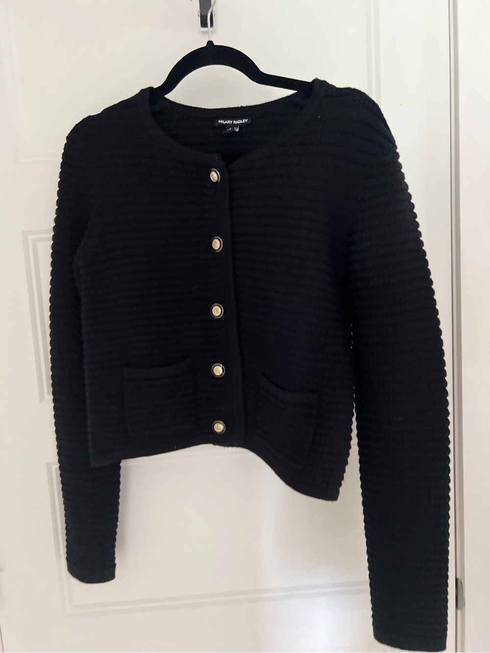 Classic Black Ribbed Button-Front Cardigan - Size Small - Picture 2 of 3